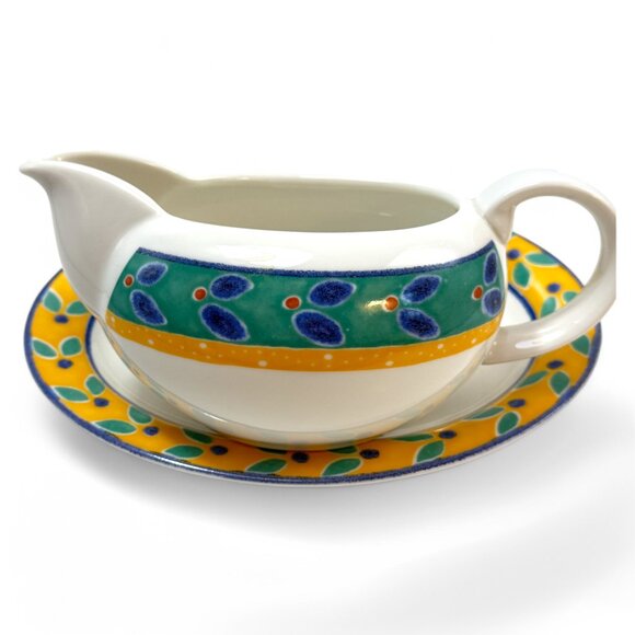 Royal Doulton Cabana Gravy Boat and Underplate Green Blue Yellow New - Picture 1 of 16